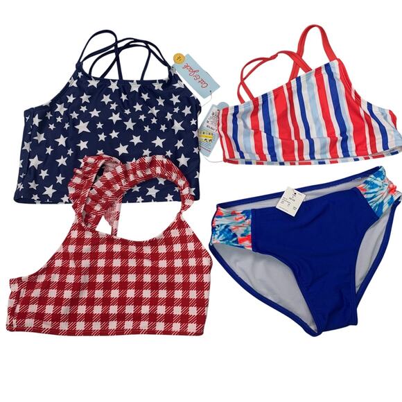 New Cat & Jack Girls Large 10/12 Patriotic 3 Bikini Tops One Bottom Swim Suits